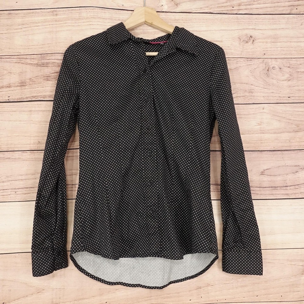 APT. 9 Button-Up Womens S Black Polka Dot Collared Long Sleeve Shirt Slim Fit